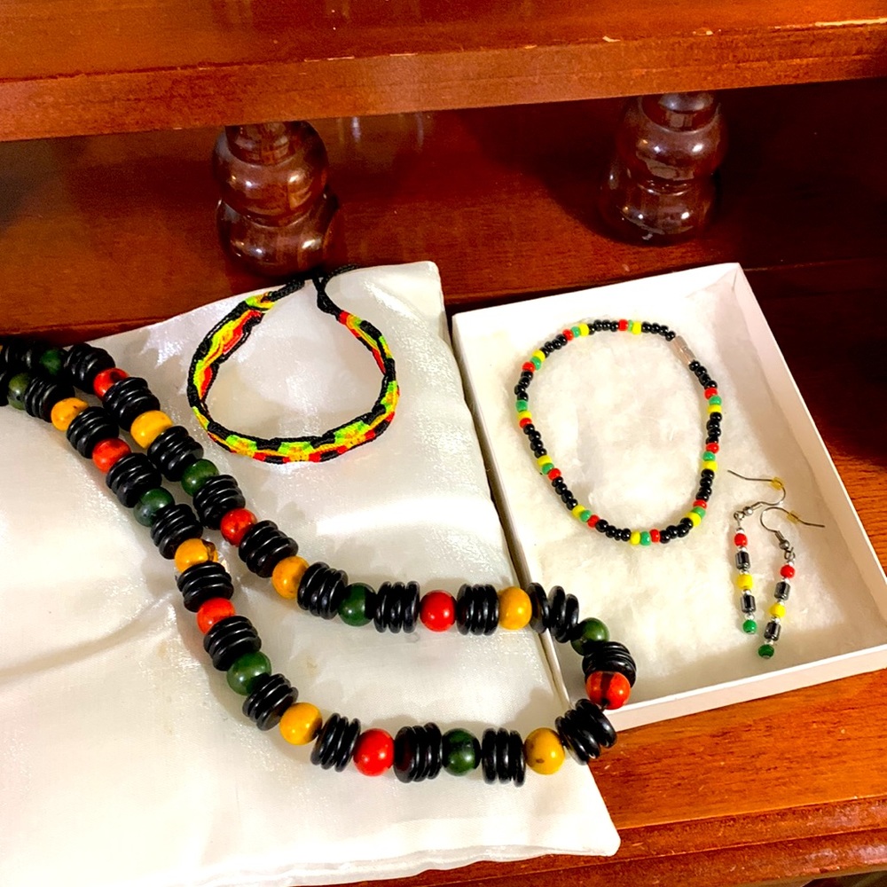 Colorful Jamaican wood bead set ( necklace, anklet, earrings and woven bracelet)